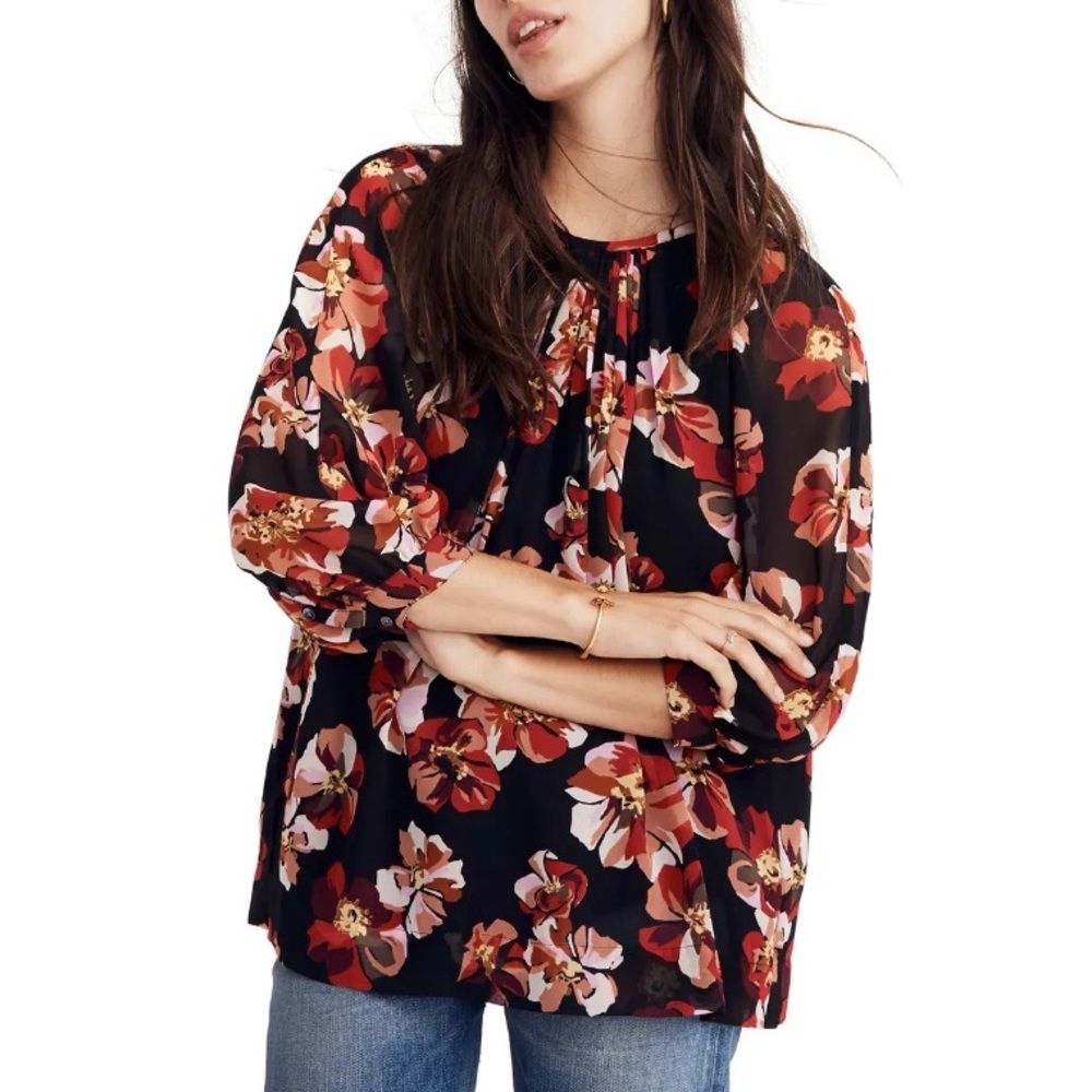 Madewell Tie Back Bubble Sleeve Top XS Floral Rose